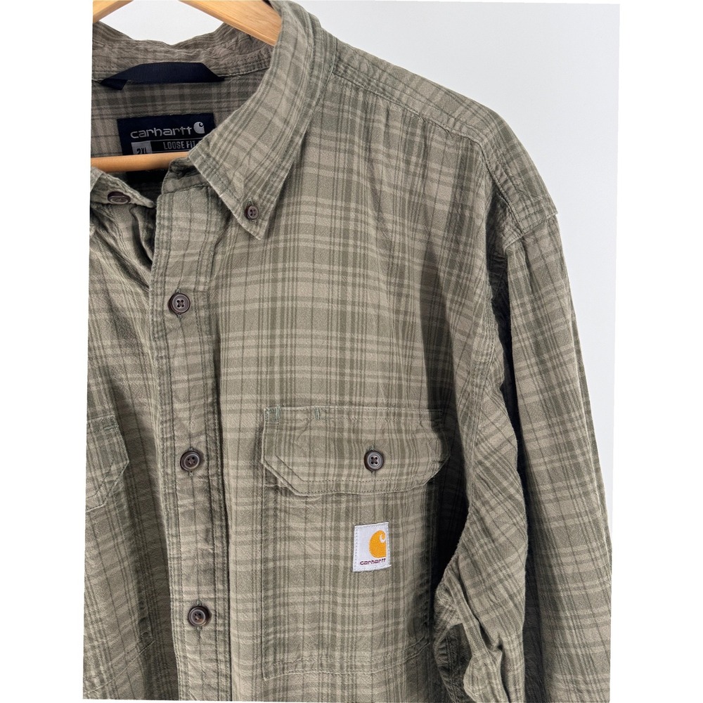 Carhartt Loose Fit  Button Down Shirt Mens 2XL Olive Plaid Long Workwear Outdoor